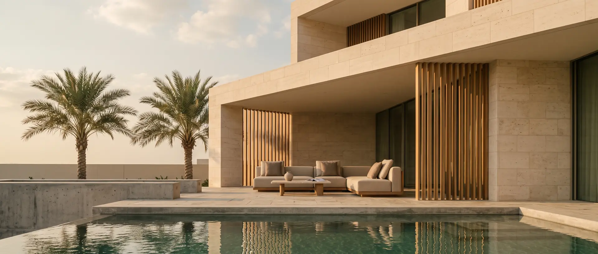 Contemporary Dubai villa terrace in late afternoon light