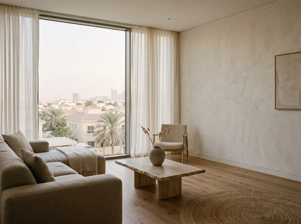 Calm Dubai apartment interior in morning light