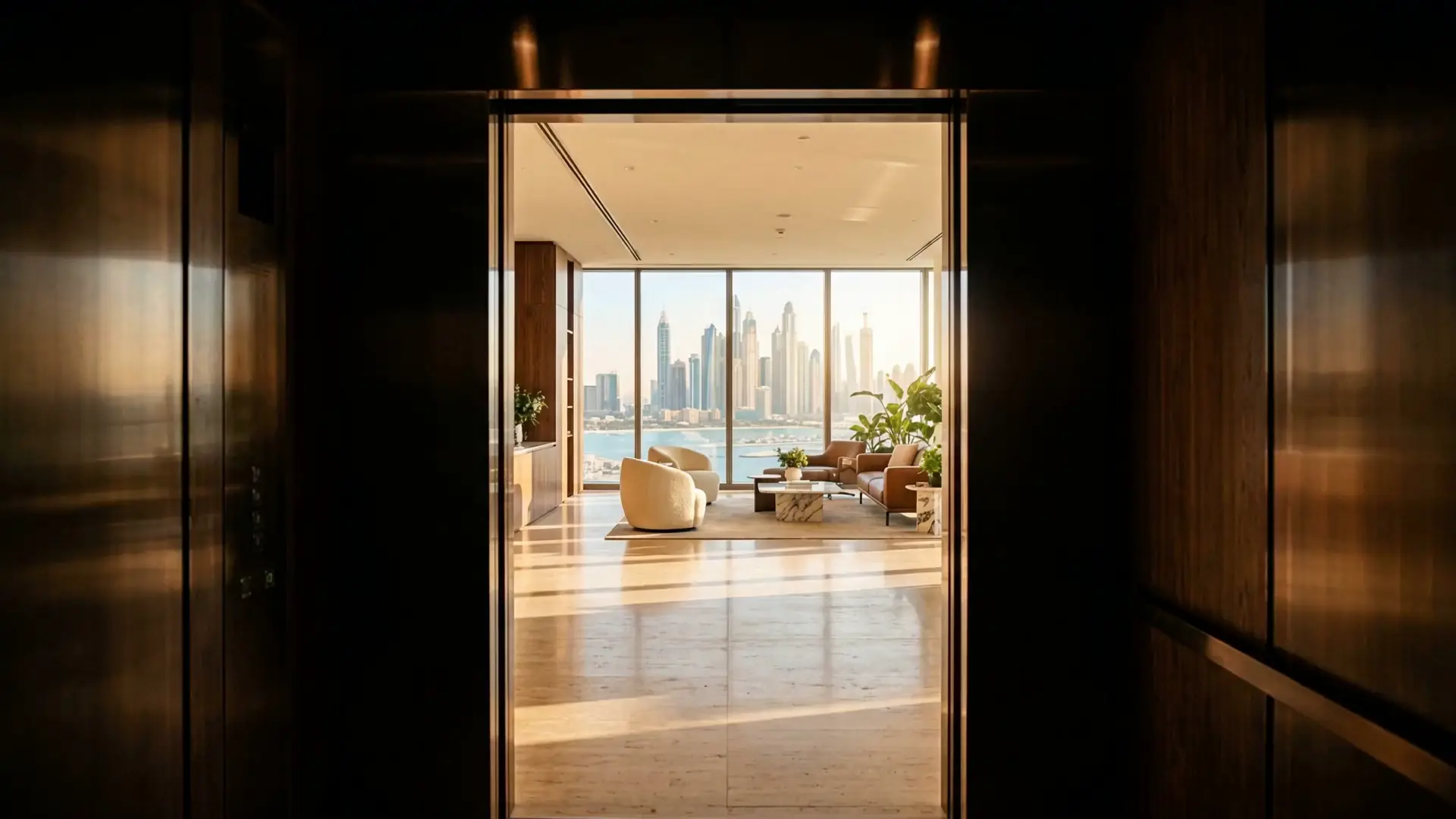 The lift doors opening onto the ERE Homes floor, with the Dubai Marina skyline beyond