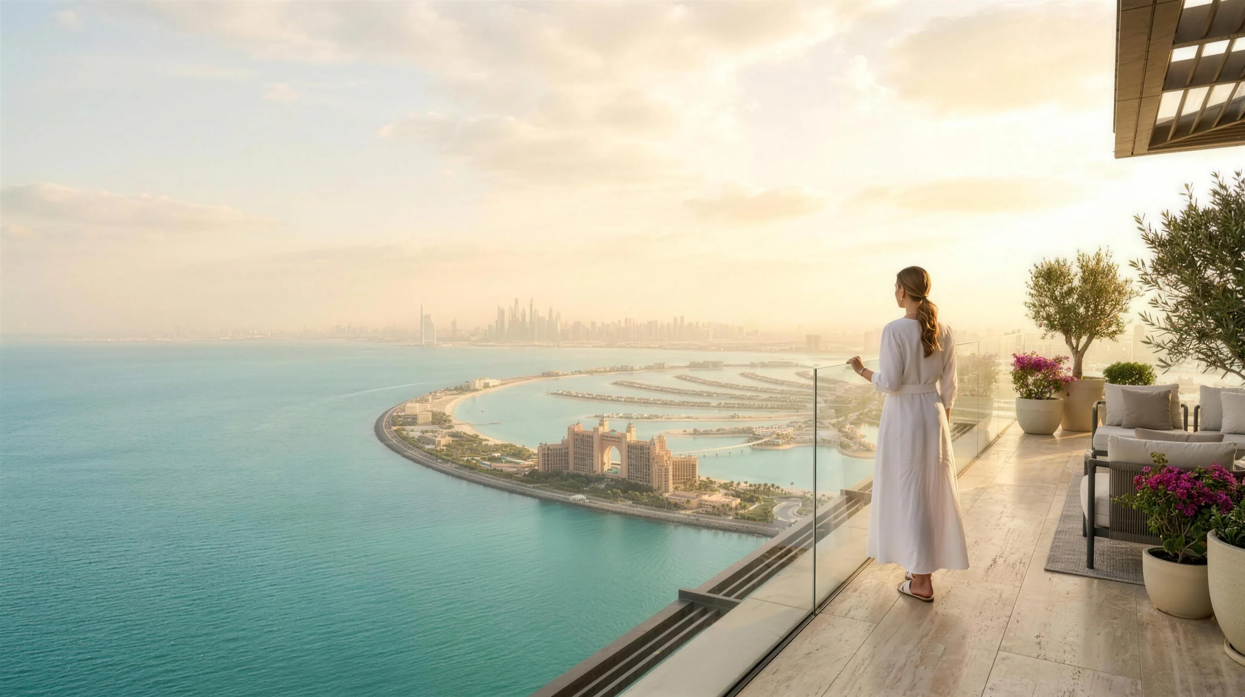 Palm Jumeirah seen from a private terrace at golden hour